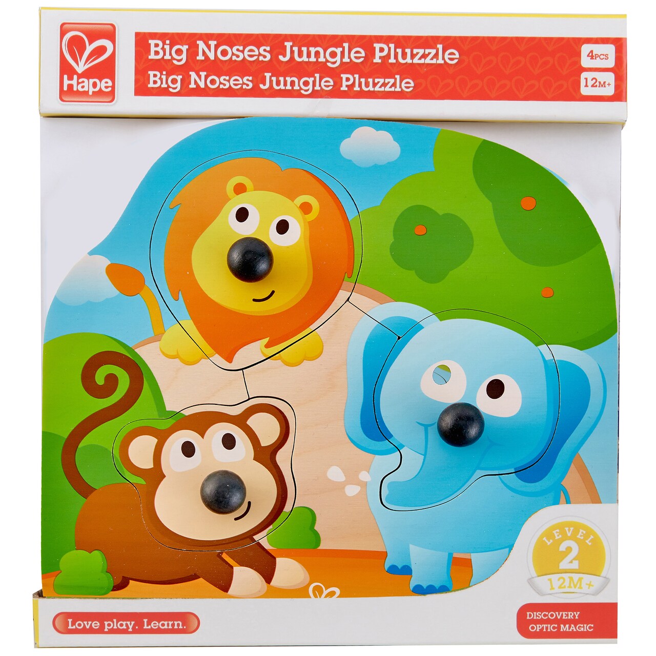 Hape: Big Nose Puzzle: Jungle - 4pc Colorful Chunky Wooden Puzzle, Lion-Elephant-Monkey, Animal Pieces On Scenic Durable Base, Toy Baby Toddler Age 1+